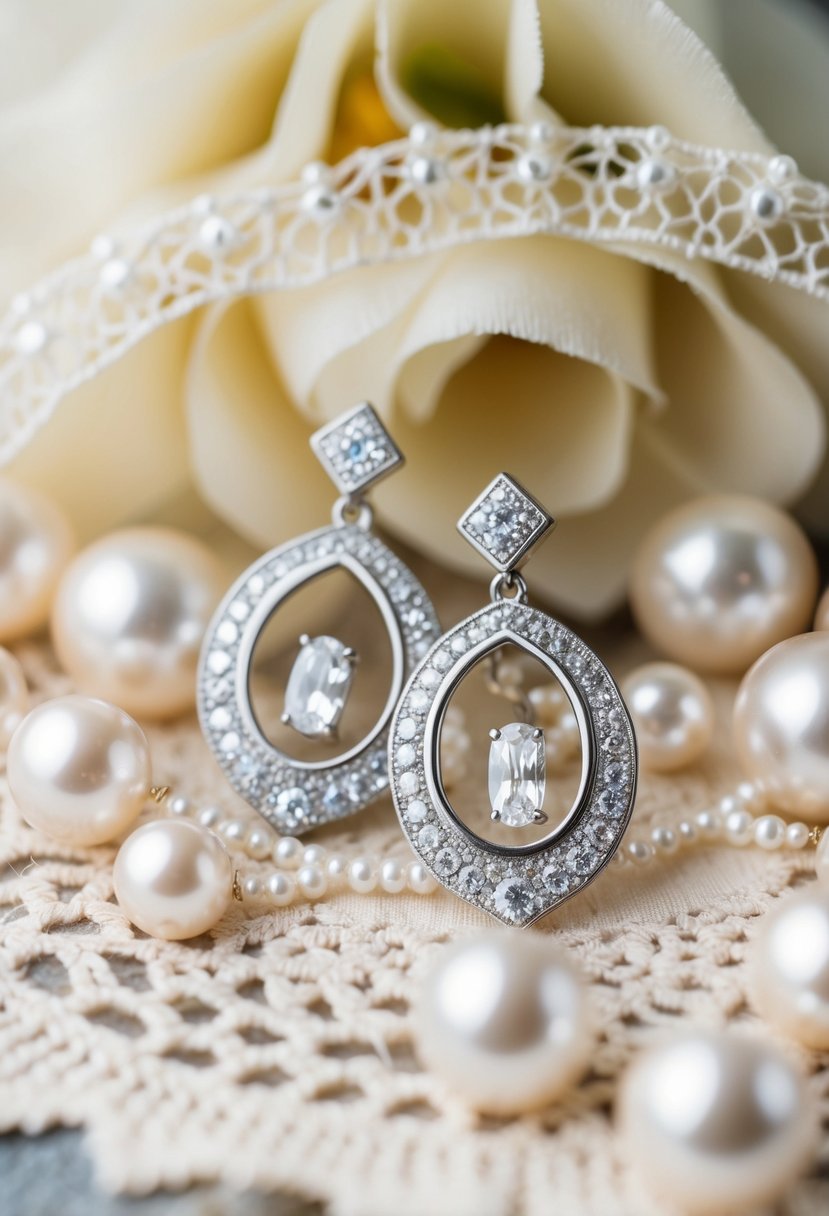 A close-up of elegant, sparkling Gatsby-style earrings against a backdrop of vintage lace and pearls