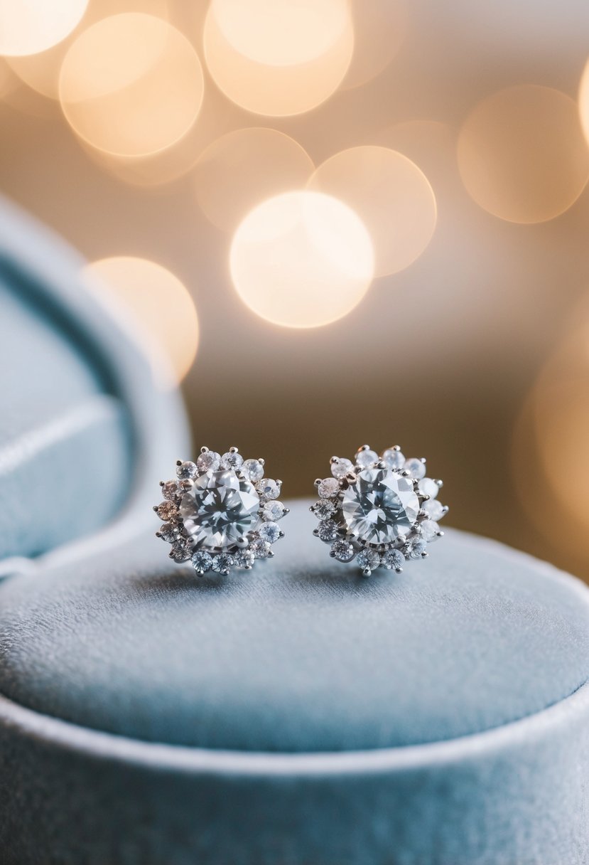 A pair of delicate, sparkling earrings on a velvet cushion. A soft light highlights their intricate design and elegant simplicity