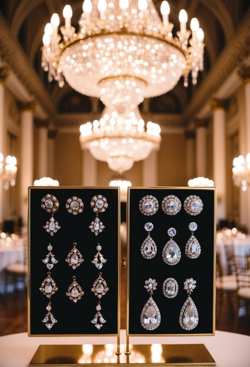 A grand ballroom with ornate chandeliers casting a warm glow on a display of vintage-inspired wedding earrings