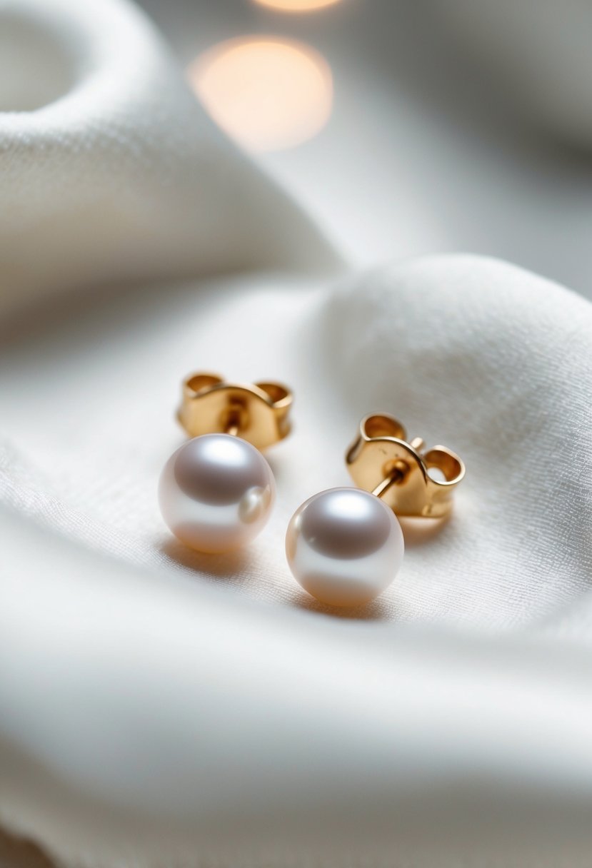 Two delicate pearl studs resting on a bed of soft, white silk fabric