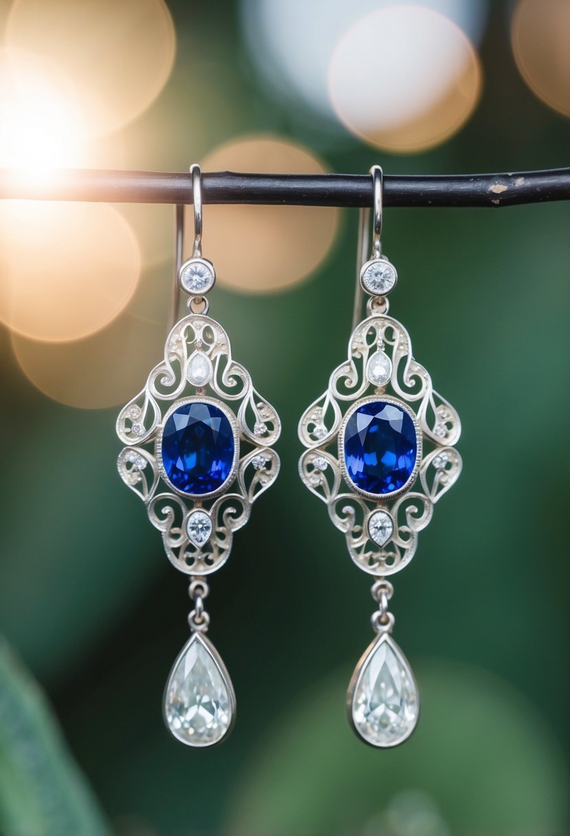 A pair of vintage wedding earrings featuring sapphire and diamond elegance, with intricate filigree details and a delicate, feminine design