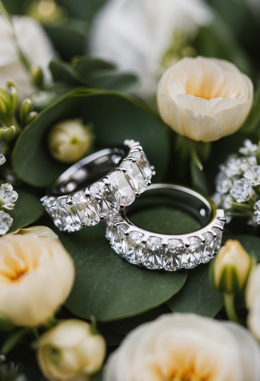 Sparkling diamond huggies nestled among delicate wedding flowers