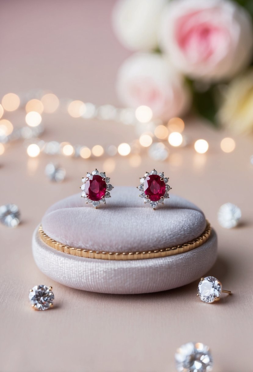 A pair of delicate ruby earrings displayed on a velvet cushion, surrounded by sparkling diamonds and set against a soft, romantic background