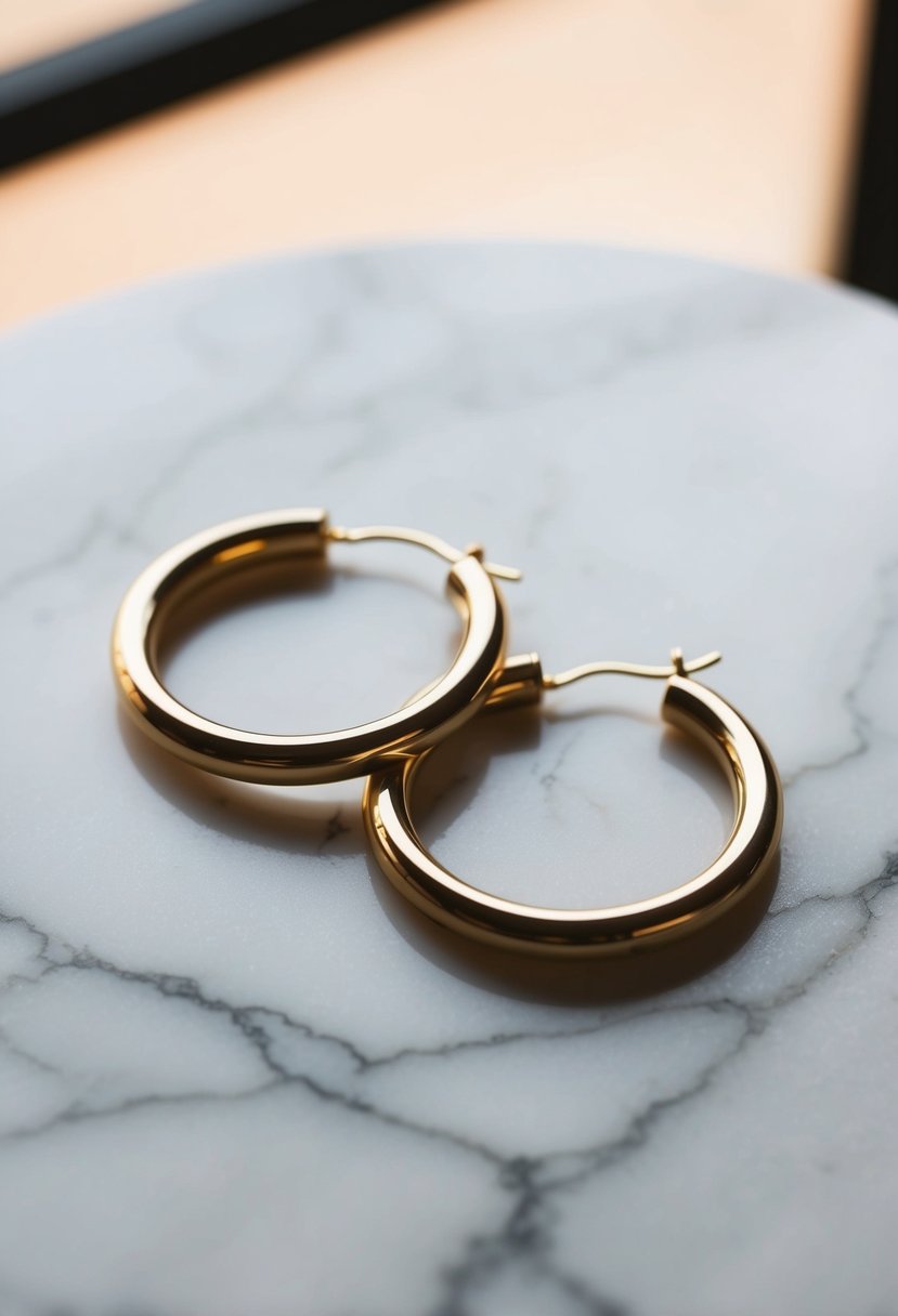 Two simple gold hoops on a marble surface with soft lighting