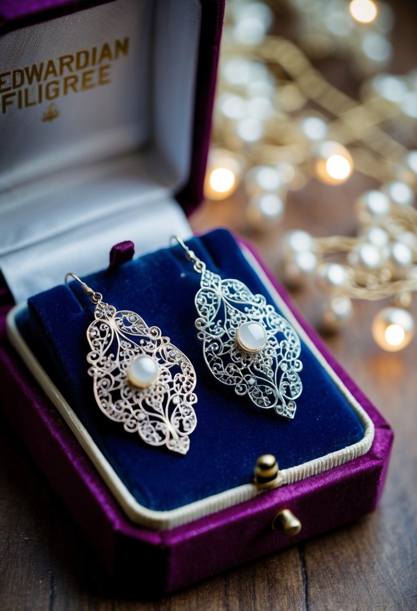 A pair of intricate Edwardian filigree wedding earrings displayed on a velvet-lined jewelry box, with soft lighting highlighting their delicate design