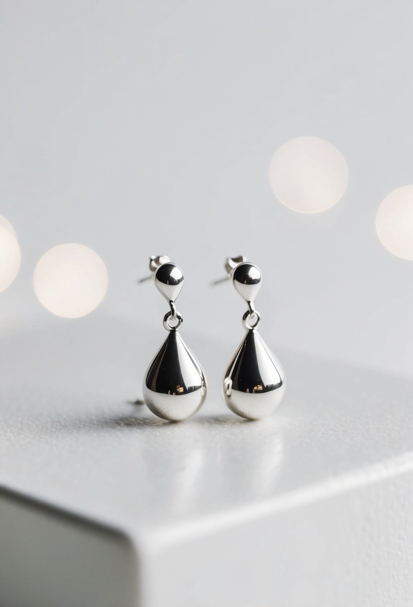 A pair of delicate silver drop earrings against a clean, white background