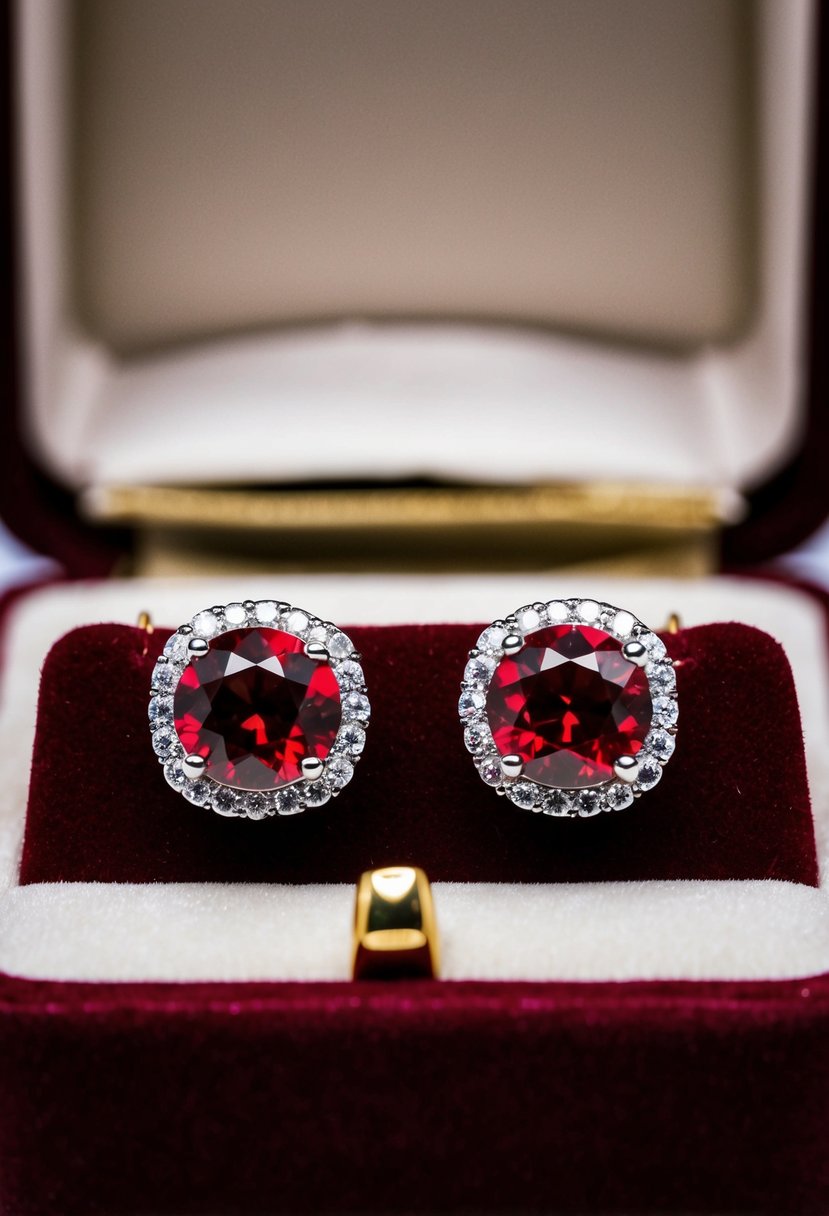 Two sparkling red ruby stud earrings on a velvet jewelry display