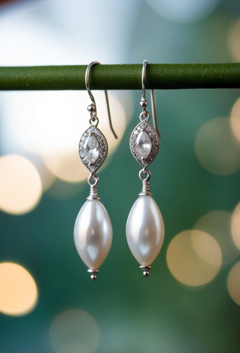 A pair of vintage wedding earrings with marquis-cut pearls dangling from delicate silver hooks