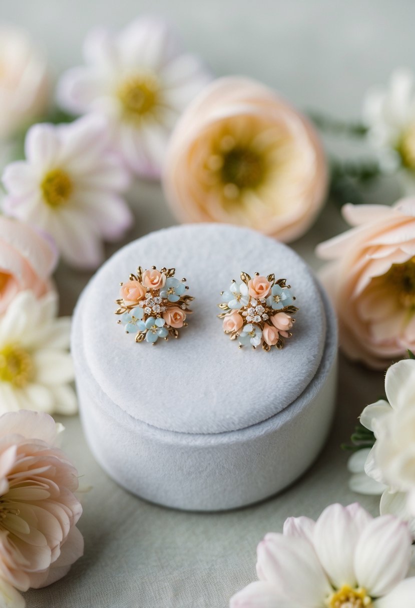 A delicate pair of floral earrings displayed on a small, white velvet cushion, surrounded by soft, pastel-colored flowers