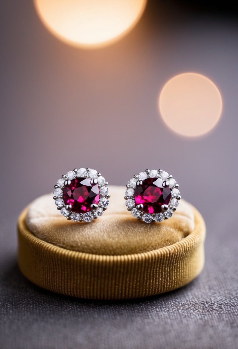 A pair of diamond halo ruby earrings displayed on a velvet cushion with soft lighting