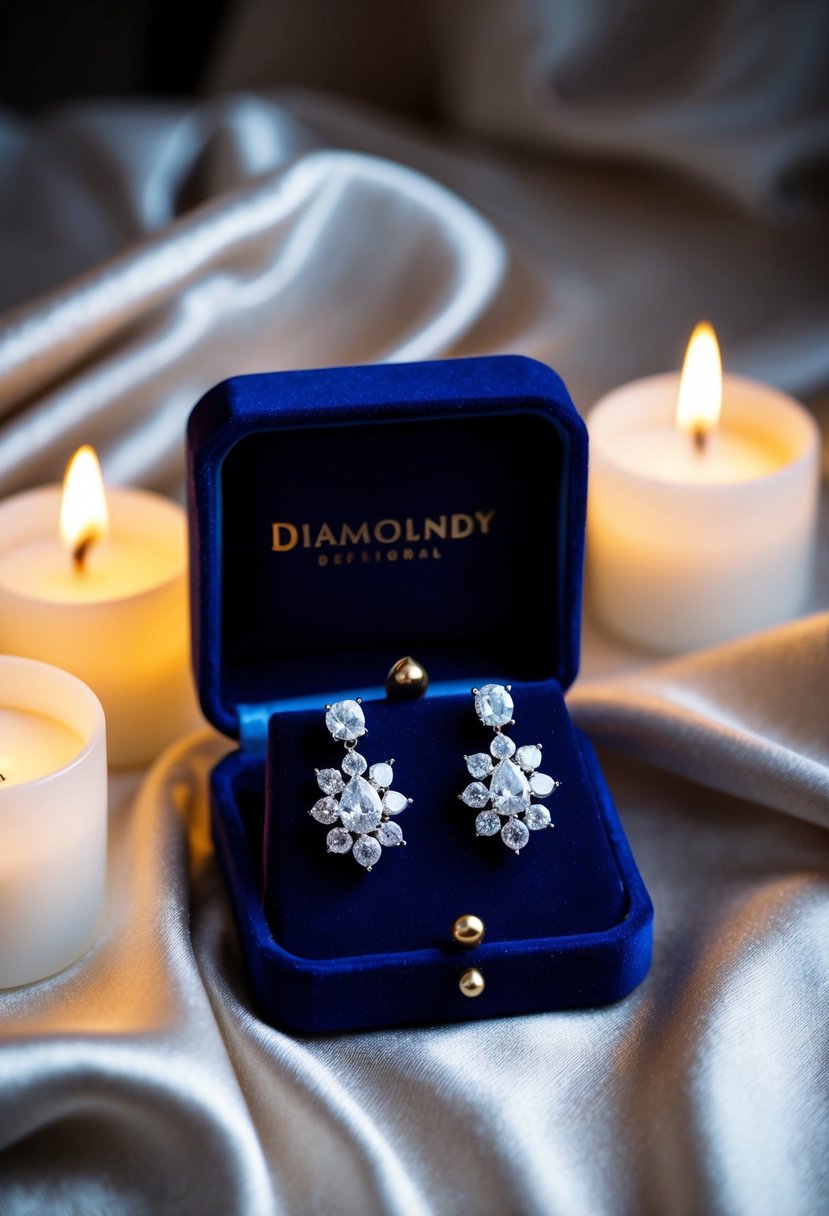 A pair of sparkling diamond and pearl earrings displayed on a luxurious velvet jewelry box, surrounded by soft candlelight and silk fabric