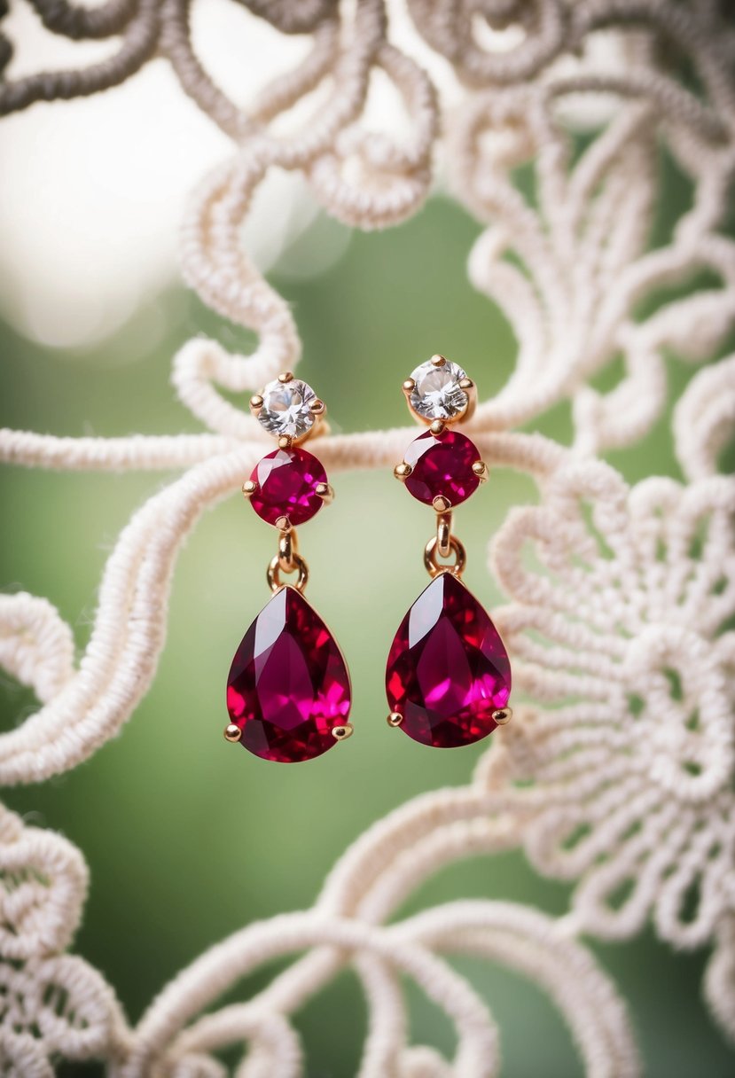 A close-up of ruby drop earrings against a vintage lace background