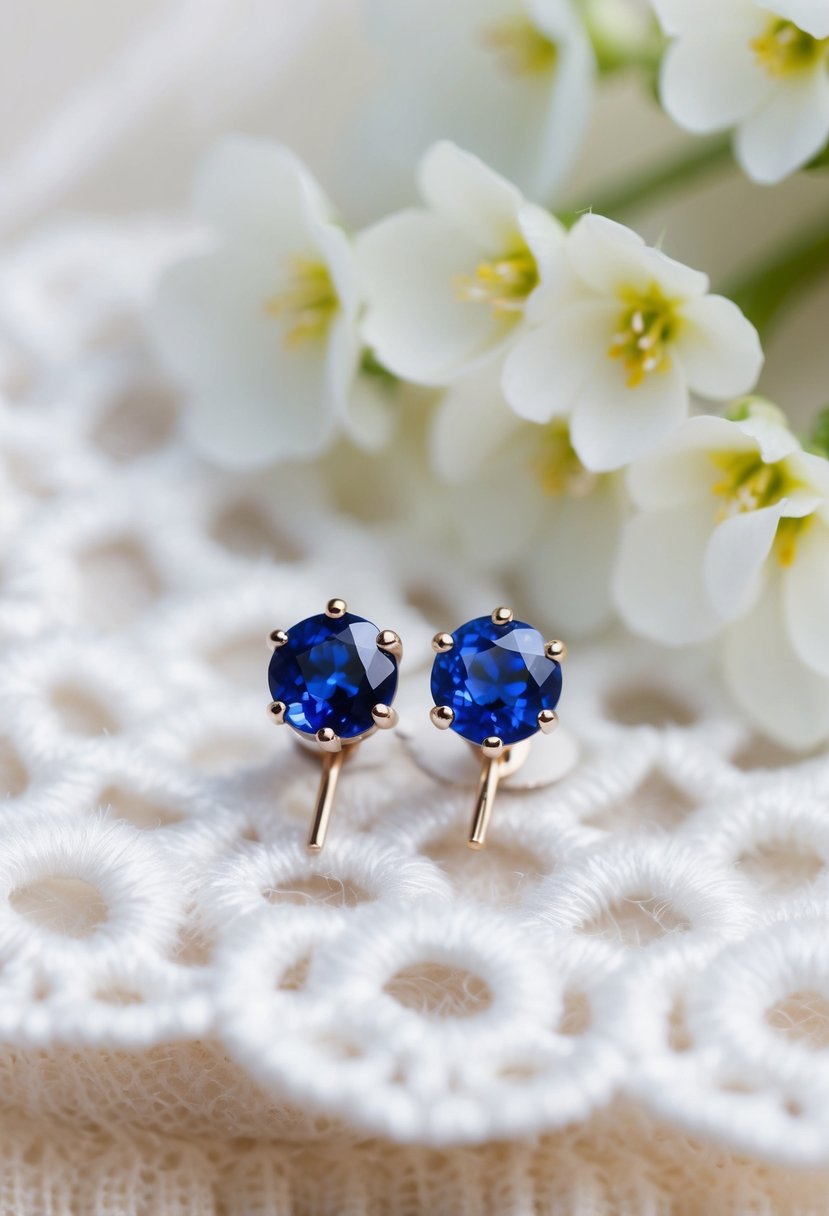 A delicate pair of sapphire studs glisten against a backdrop of soft, white lace and delicate flowers, evoking a sense of elegance and romance