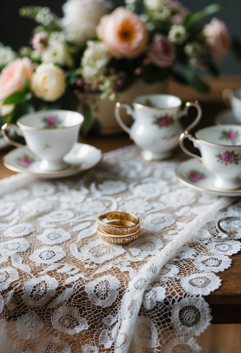 A vintage lace tablecloth draped over a wooden table adorned with a pair of delicate hoop earrings, surrounded by antique teacups and floral arrangements