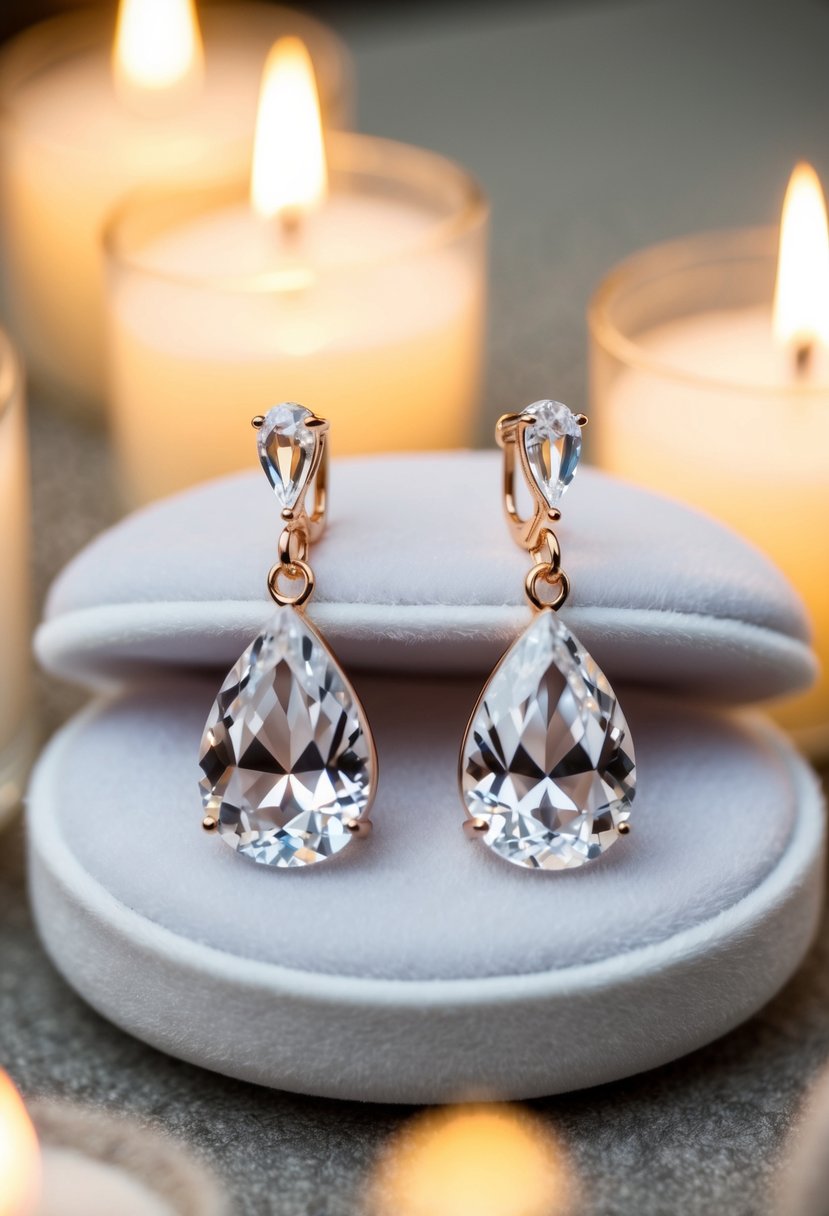 A delicate pair of crystal teardrop earrings displayed on a white velvet cushion, surrounded by soft candlelight