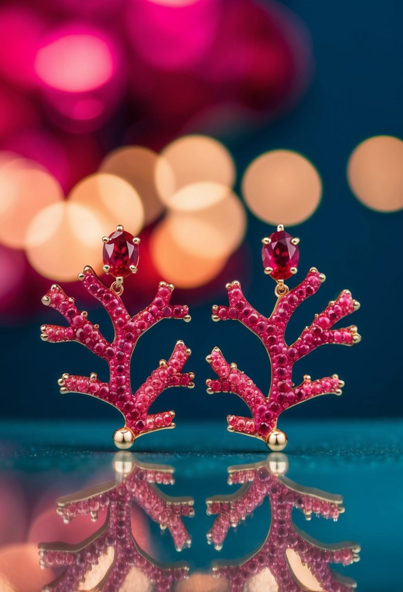 A pair of ruby earrings shaped like delicate coral branches, with intricate details and a vibrant red hue