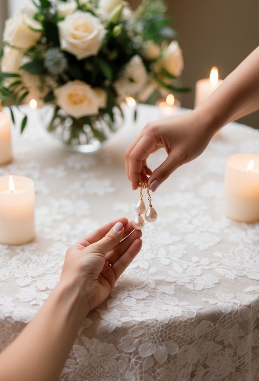 A bride's hand reaches for delicate pearl drop earrings on a lace-covered table, surrounded by soft candlelight