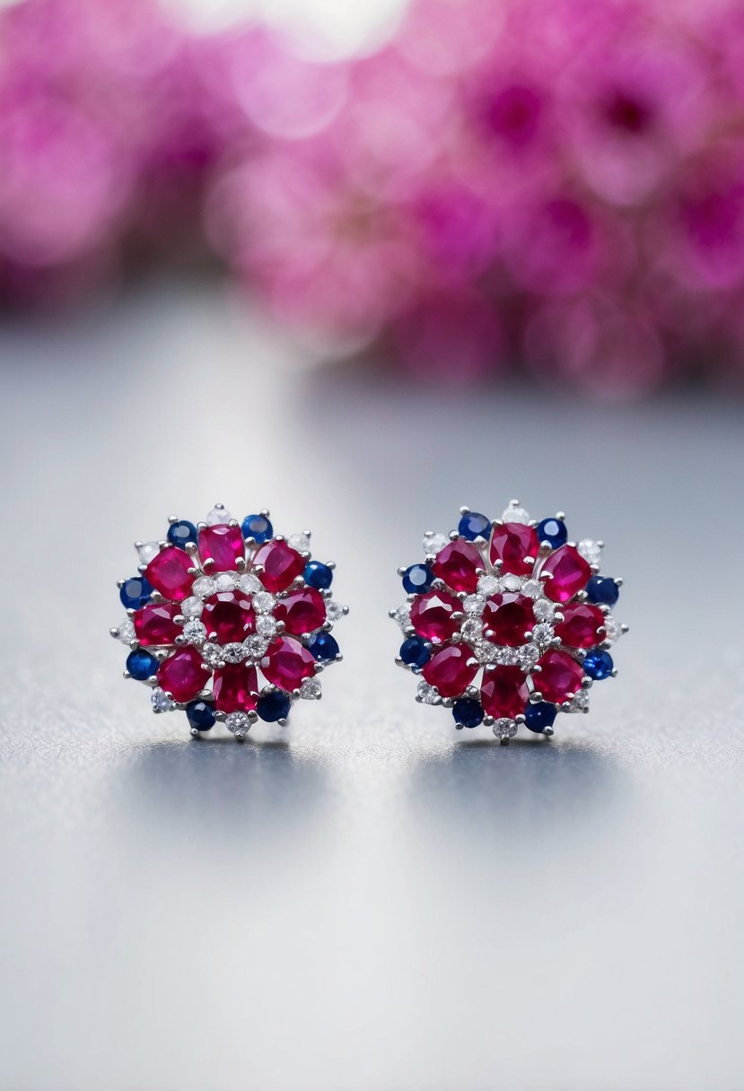 A pair of elegant ruby wedding earrings featuring a cluster of rubies and sapphires set in a delicate and intricate design