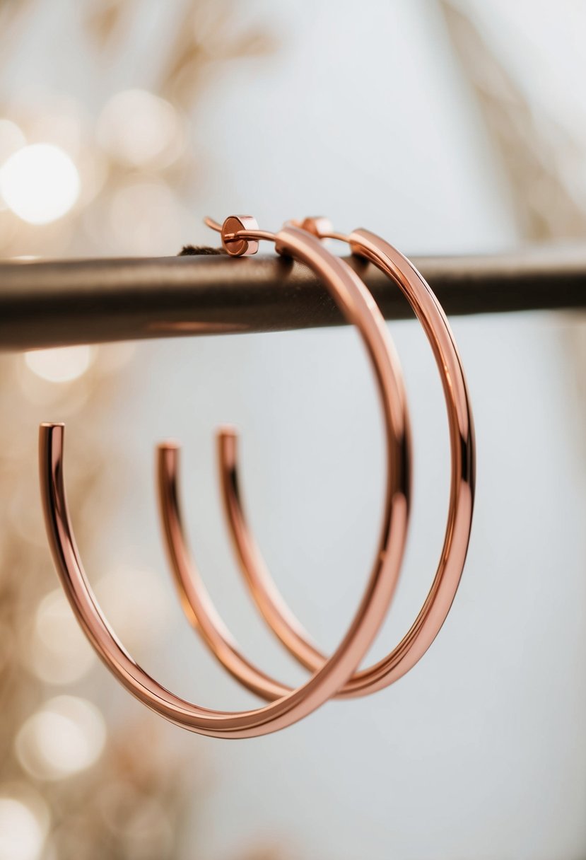 A close-up of chic rose gold hoops against a soft, romantic background, evoking a sense of elegance and sophistication