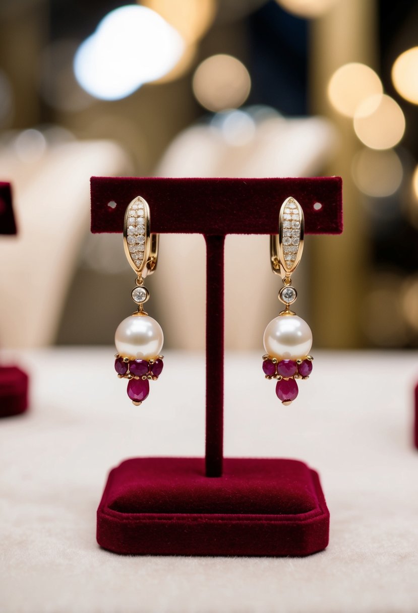 A pair of elegant pearl and ruby dangle earrings on a velvet jewelry display