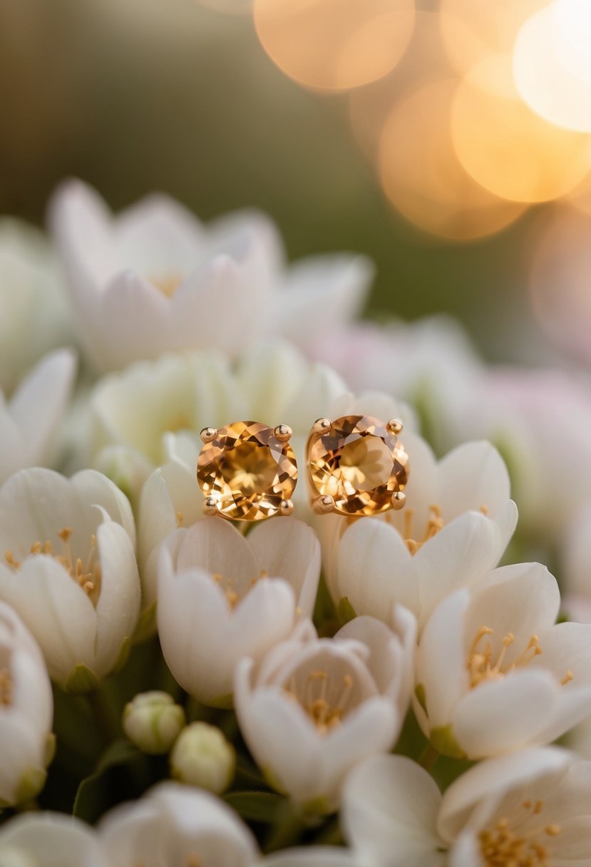 A close-up of delicate topaz huggie earrings nestled in a bed of soft, romantic flowers, with a warm, golden light casting a soft glow