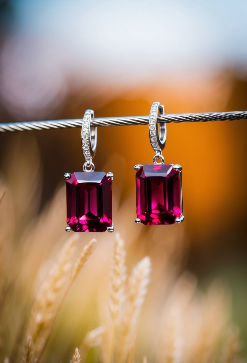 A pair of emerald-cut ruby earrings suspended from hinges, catching the light and showcasing the deep red hue