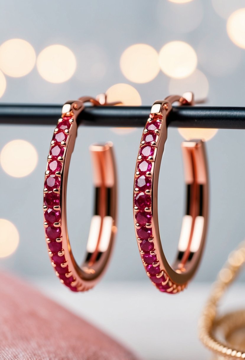 A pair of rose gold ruby hoops glimmering in soft light