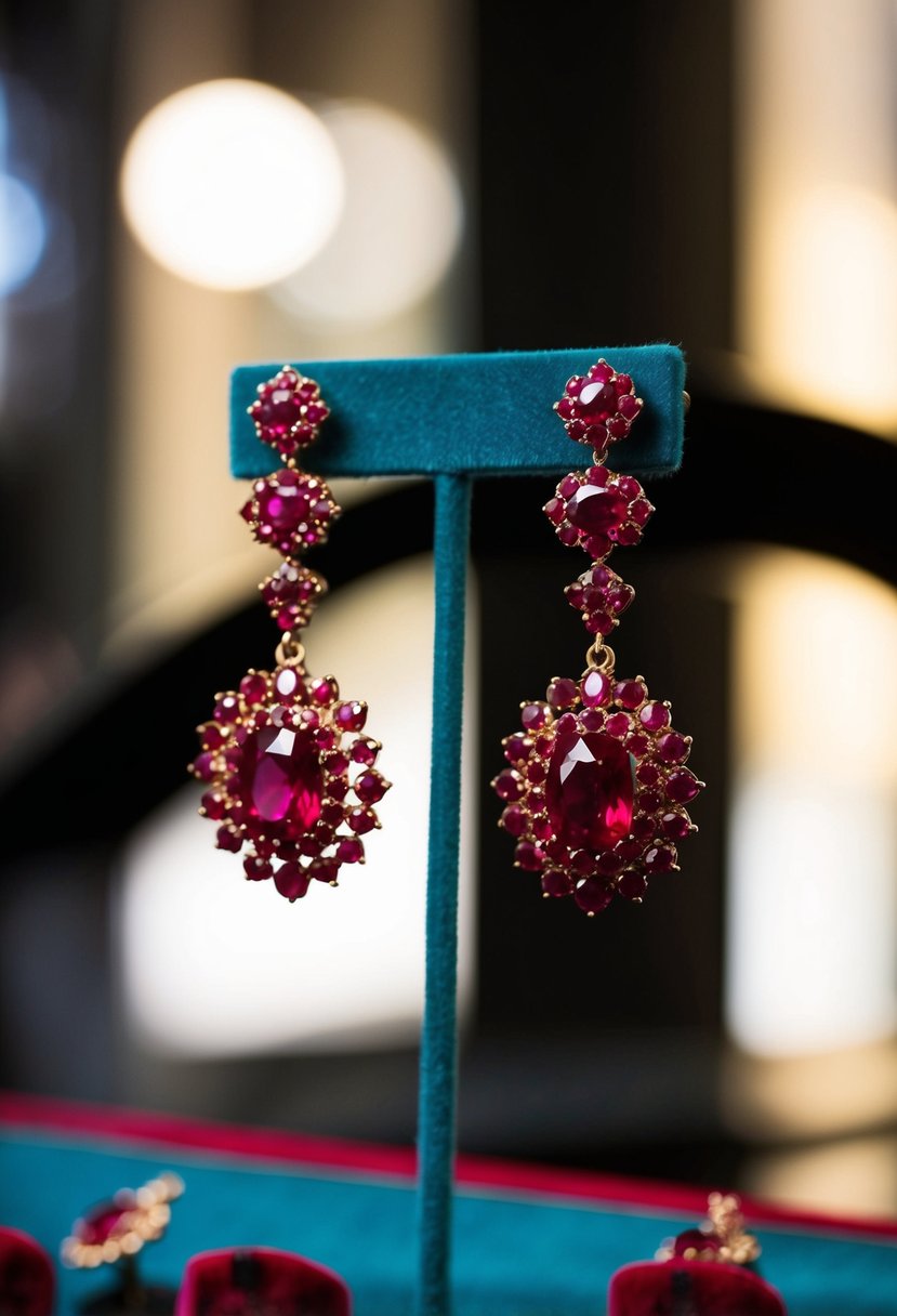 Antique ruby festoon earrings hanging from a velvet jewelry display