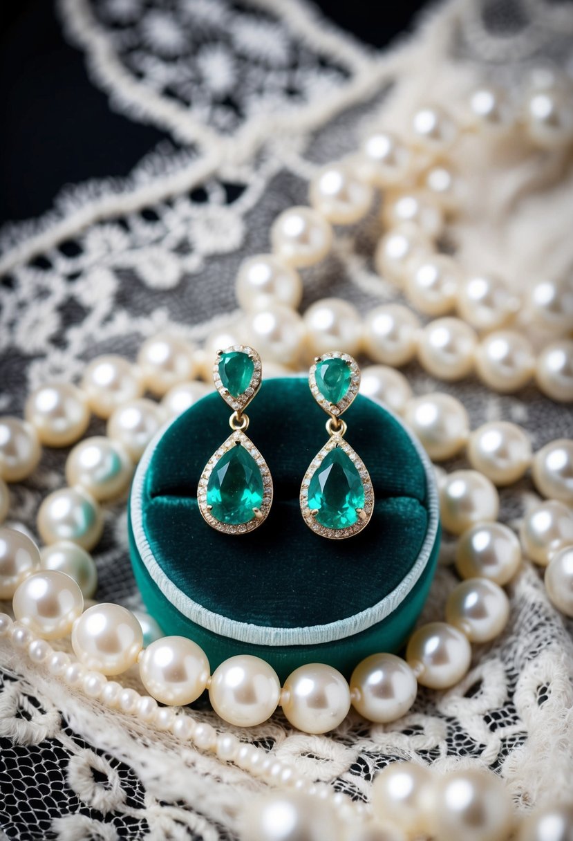 Two emerald drop earrings on a velvet cushion, surrounded by delicate lace and shimmering pearls