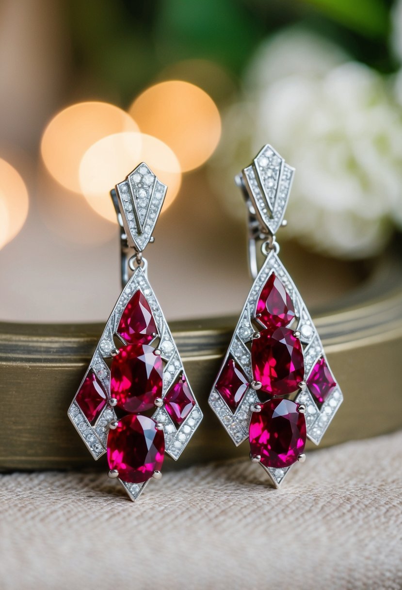 A pair of Art Deco ruby wedding earrings with intricate clip designs, featuring vibrant red rubies set in a geometric pattern