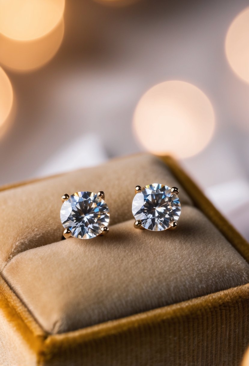 Two delicate zirconia studs glisten on a velvet cushion under soft, warm lighting