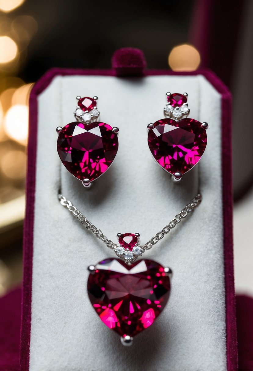 Two heart-shaped ruby pendants and a pair of ruby wedding earrings arranged on a velvet jewelry display