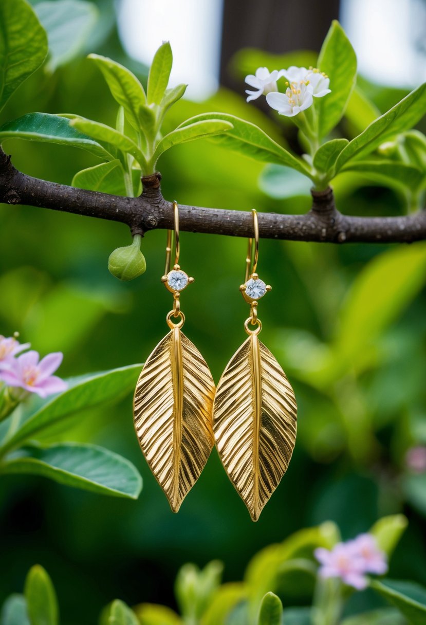 A pair of golden leaf drop earrings hanging from a tree branch, surrounded by lush green foliage and delicate flowers