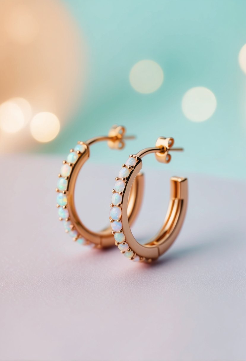 A close-up of delicate opal hoop earrings on a soft, pastel background