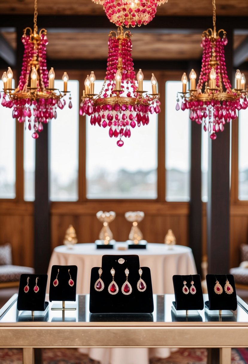 A bohemian-style room with ruby chandeliers hanging from the ceiling, showcasing various ruby wedding earring designs on a display table