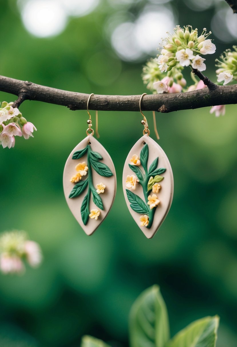 A pair of botanical clay earrings hanging from a tree branch, surrounded by lush greenery and delicate flowers