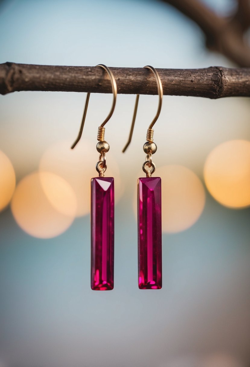 Two delicate ruby bars suspended from minimalist earring hooks