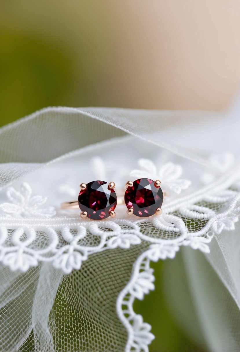 A pair of elegant garnet stud earrings resting on a delicate lace bridal veil