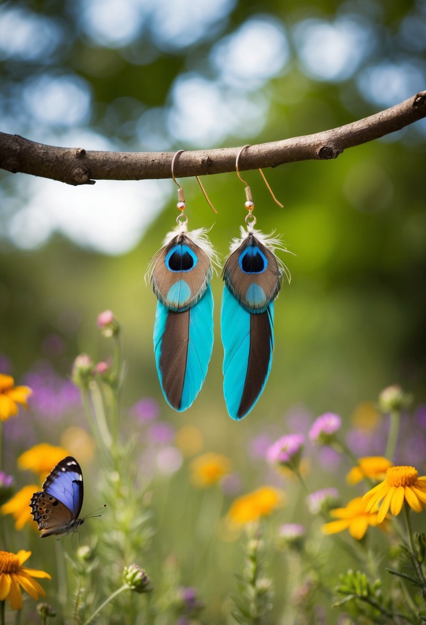 A pair of bohemian feathered earrings hanging from a tree branch, surrounded by wildflowers and butterflies