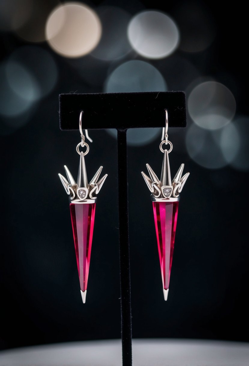 A pair of gothic ruby spike earrings hanging from a black velvet display against a dark, moody background