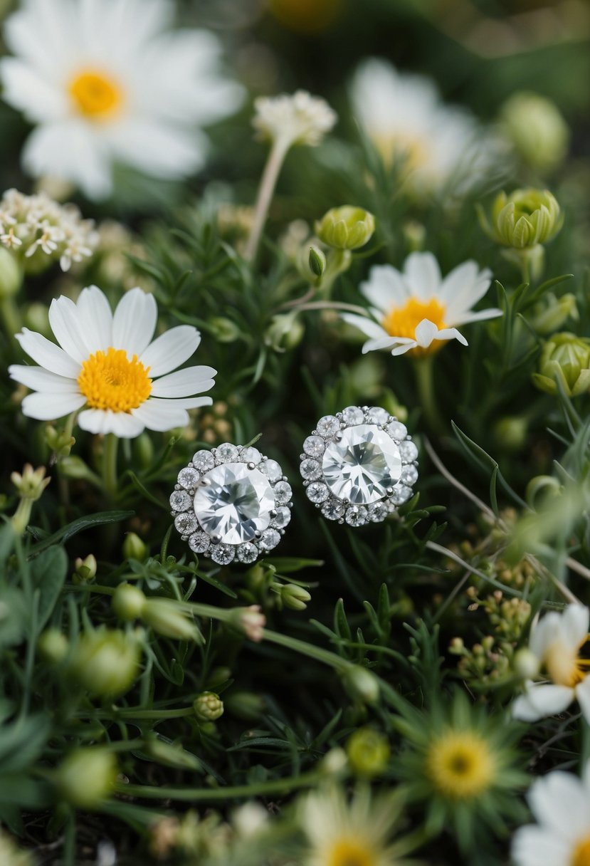 A pair of crystal art deco stud earrings nestled among delicate wildflowers and greenery, evoking a natural and elegant wedding aesthetic