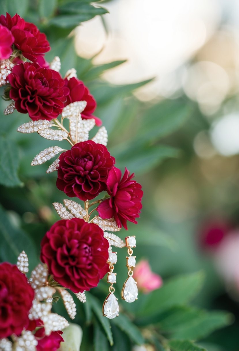 A delicate floral garland of ruby red flowers intertwined with sparkling ruby wedding earrings