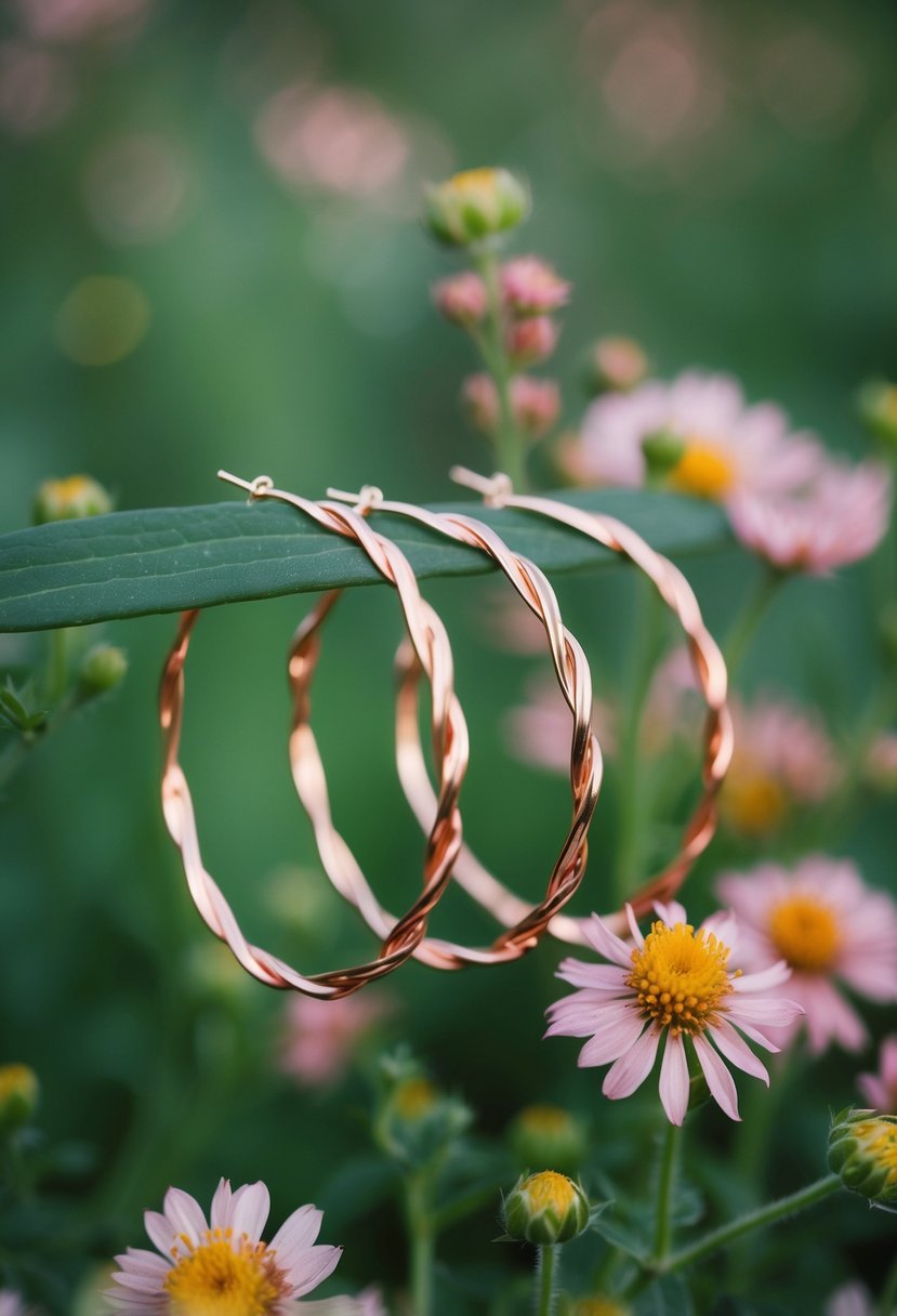 Delicate rose gold vine hoops amidst blooming wildflowers