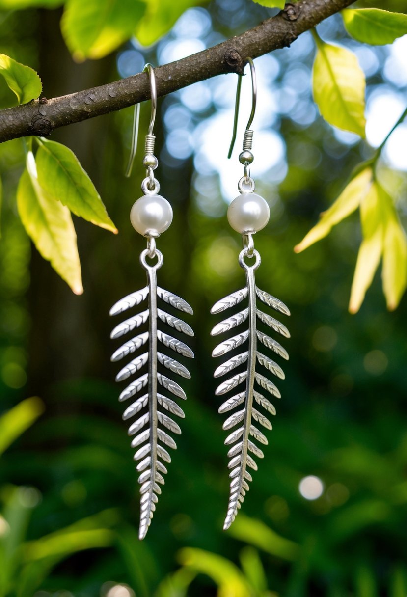 A pair of silver fern dangle earrings hanging from a tree branch in a lush forest setting, with sunlight filtering through the leaves