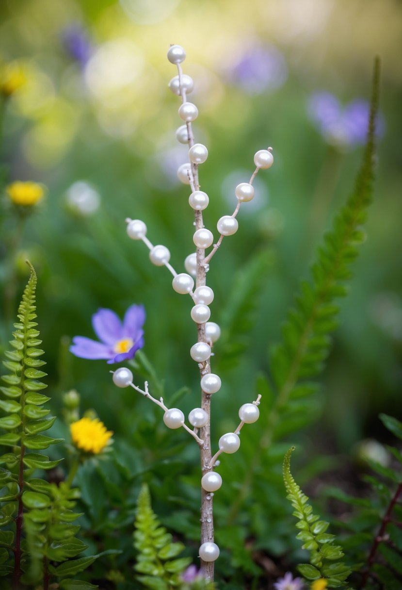 A delicate twig with pearl embellishments, nestled among wildflowers and ferns