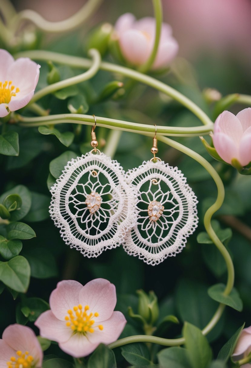 Delicate lace-inspired earrings surrounded by blooming flowers and twisting vines