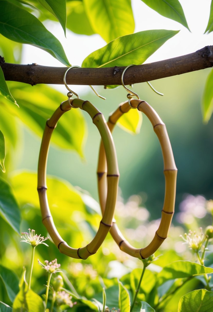 Bamboo hoops dangle from a tree branch, surrounded by lush green foliage and delicate wildflowers. Sunlight filters through the leaves, casting a warm glow on the eco-friendly earrings