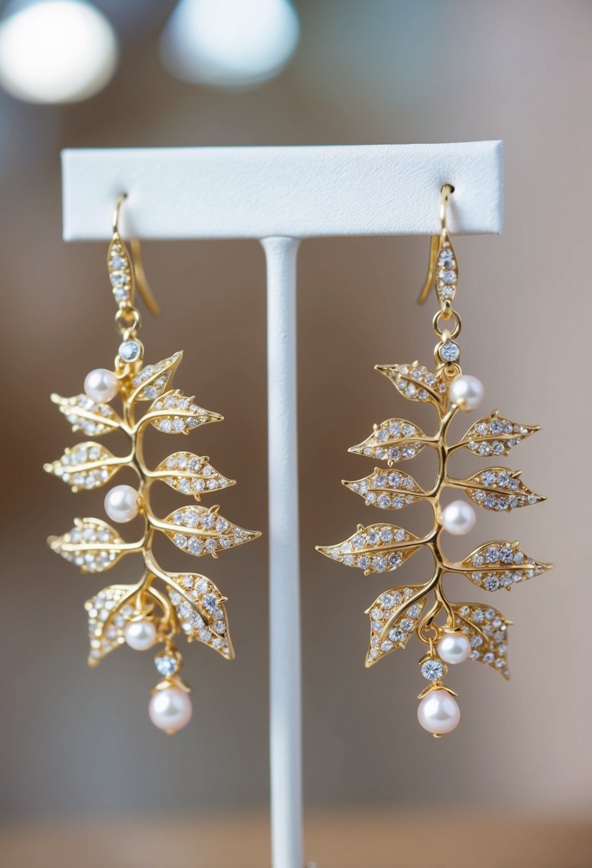 A pair of delicate earrings made of intertwined leaves, adorned with tiny pearls and sparkling gemstones, hanging from a display stand