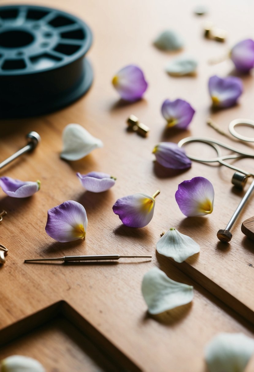 Delicate petals scattered around a wooden work table with small tools and wire, creating handcrafted nature-inspired petal stud earrings