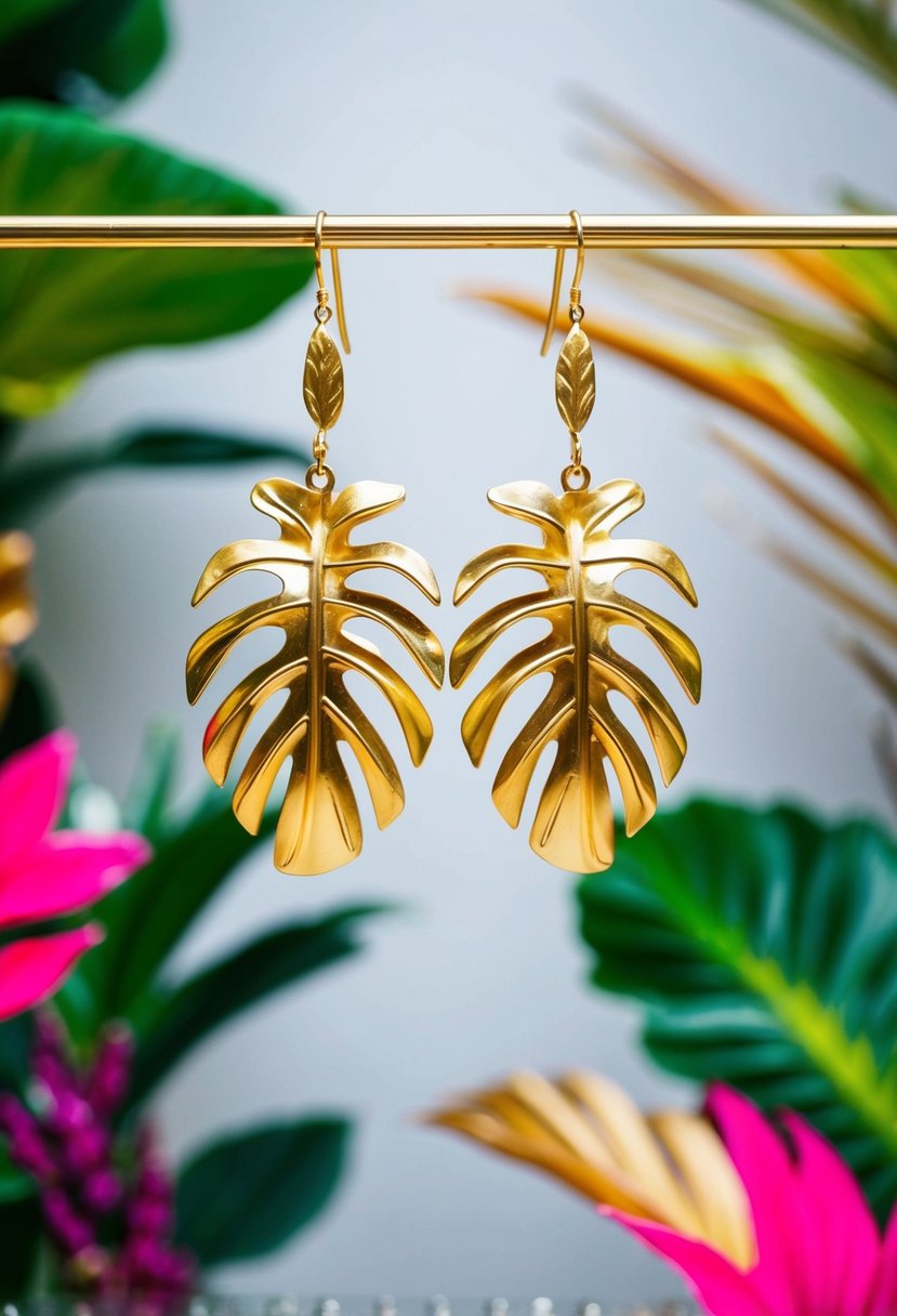 A pair of gold-plated tropical leaf earrings hanging from a delicate display, surrounded by vibrant tropical foliage